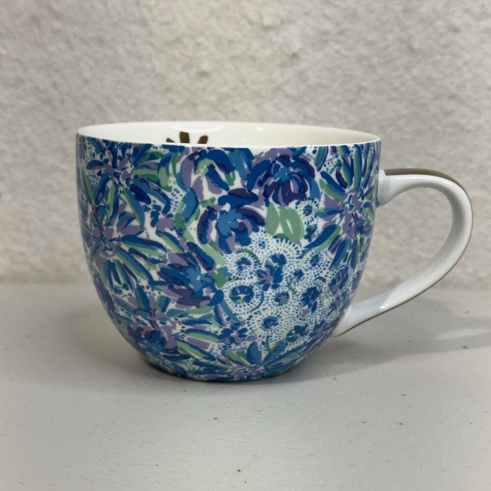 Lilly Pulitzer Coffee Tea Cup Mug 12 Oz Blue/Purple Florals Lions Head Pattern